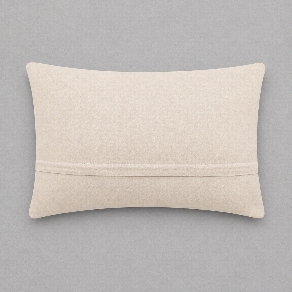 Impish Greetings Cat Person hook pillow featuring a plain beige polyester velvet back with a zipper closure.