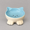 Impish Greetings blue and cream ceramic cat-shaped bowl with a tilted design for improved feline posture.