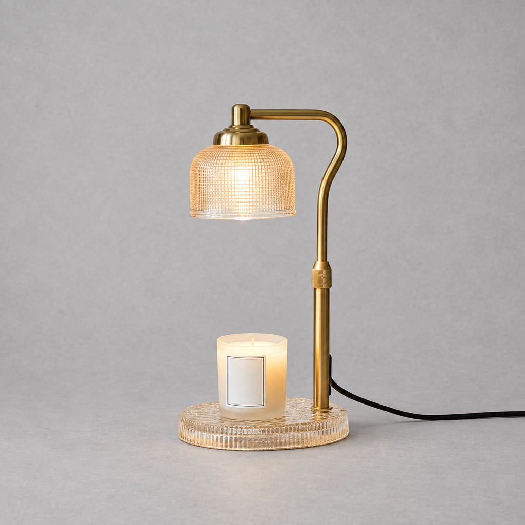 Impish Greetings candle lamp warmer with a brass finish, textured glass shade, and a lit candle on a glass base.