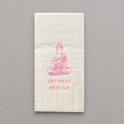 Impish Greetings white paper guest towel with pink foil stamped Buddha and Let That Shit Go text