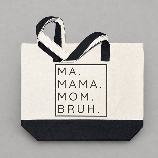 Impish Greetings heavy cotton canvas tote bag in natural and black with Ma Mama Mom Bruh typography print