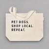 Impish Greetings canvas tote bag in natural cotton with black PET DOGS. SHOP LOCAL. REPEAT. text print.