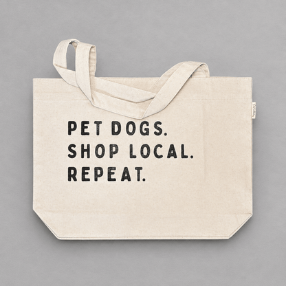 Impish Greetings canvas tote bag in natural cotton with black PET DOGS. SHOP LOCAL. REPEAT. text print.