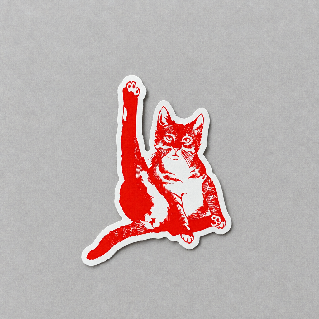 Impish Greetings vinyl sticker featuring a red illustration of a cat grooming itself in a humorous pose