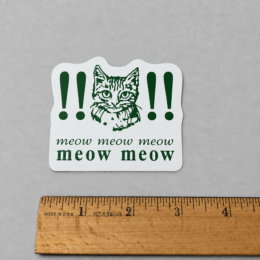 Impish Greetings Meow Meow Meow vinyl cat sticker with green ink on white background next to a wooden ruler