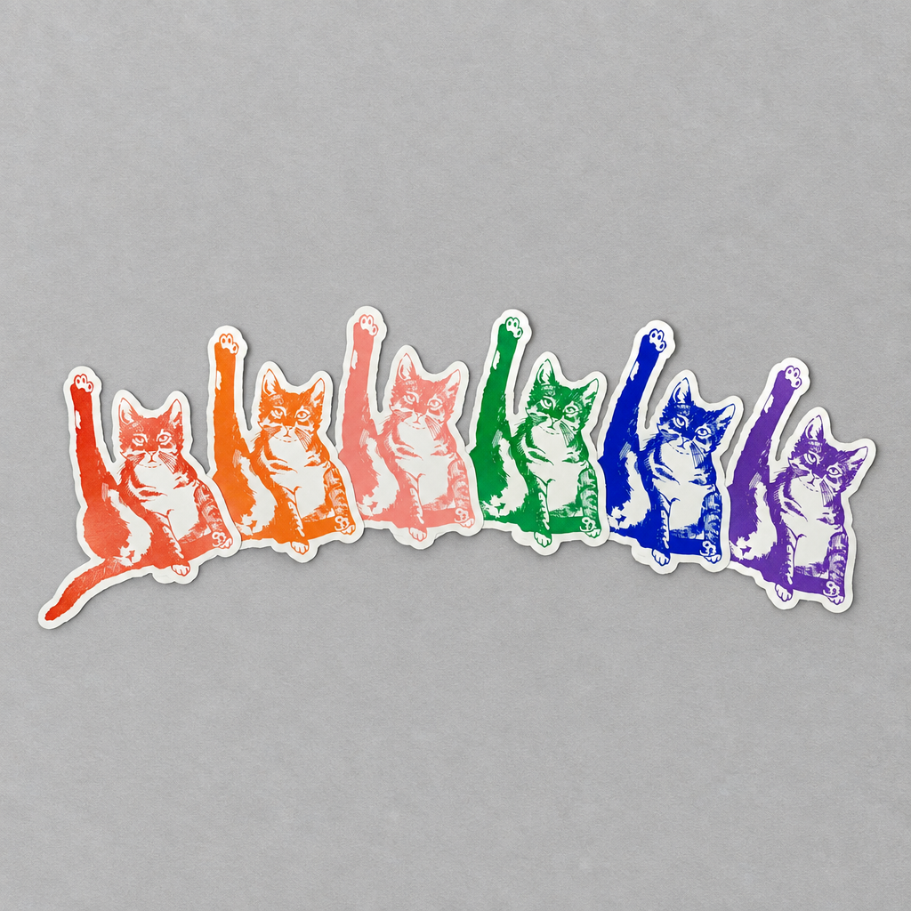 Impish Greetings vinyl sticker featuring a row of colorful cats in various poses on a grey background.