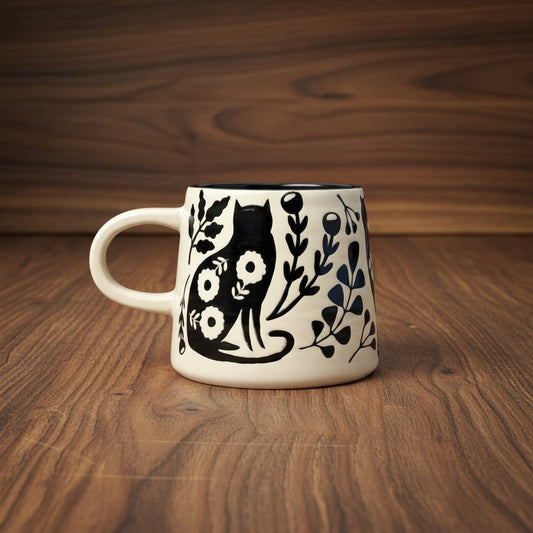 Impish Greetings Catbloom stoneware mug featuring a black cat and floral imprint on a cream background