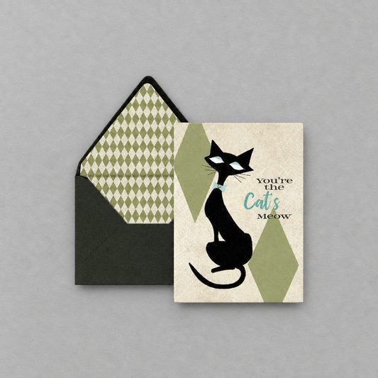 Impish Greetings Cat's Meow greeting card with a black cat illustration and a coordinating checkered envelope.