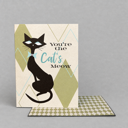 Impish Greetings Cat's Meow greeting card with a mid-century modern black cat illustration and checkered envelope.