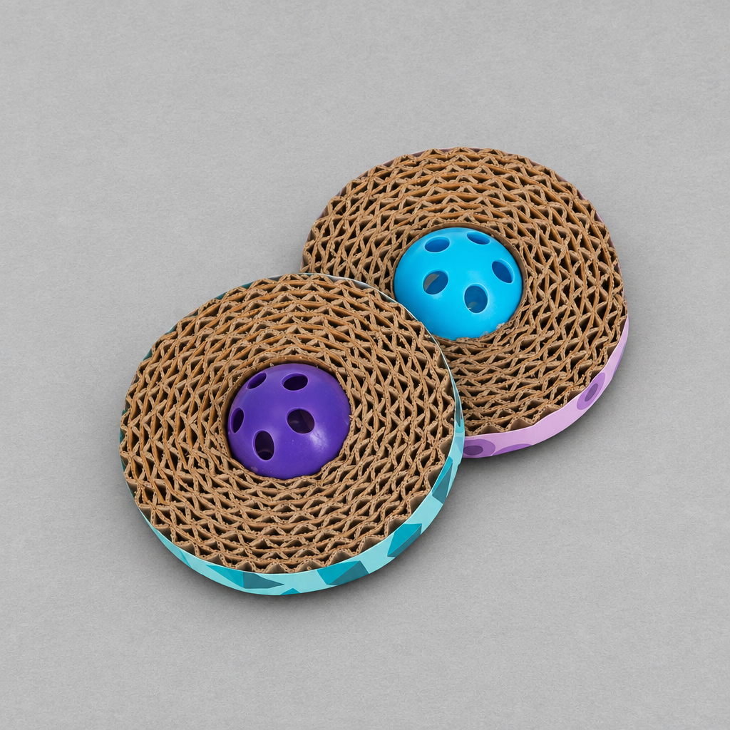 Impish Greetings Catstages Spin & Scratch corrugated cardboard cat toys with blue and purple jingle bell centers.