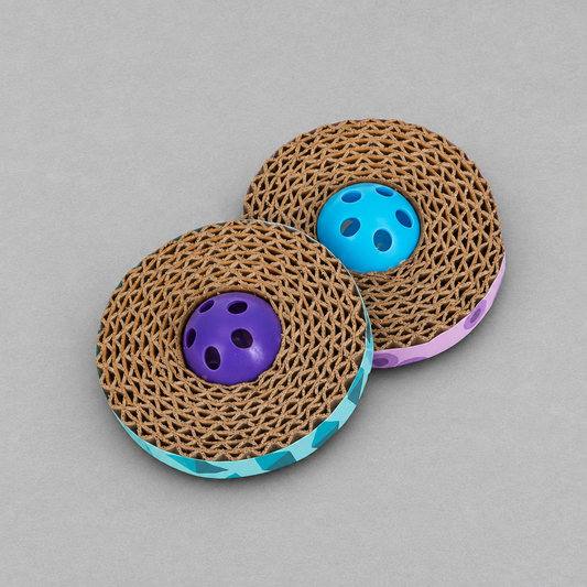Impish Greetings Catstages Spin & Scratch corrugated cardboard cat toys with blue and purple jingle bell centers.