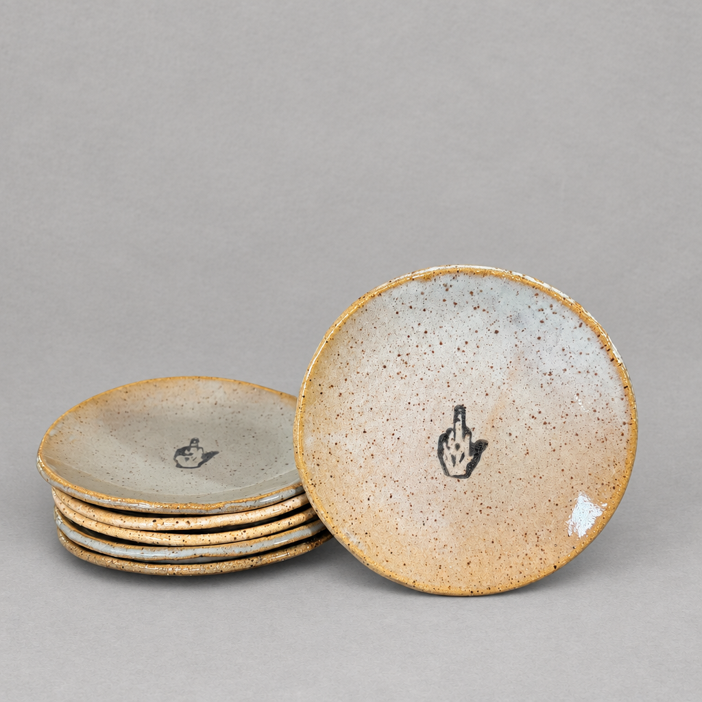 Impish Greetings handmade ceramic mini plate with a black middle finger illustration and speckled tan glaze finish.