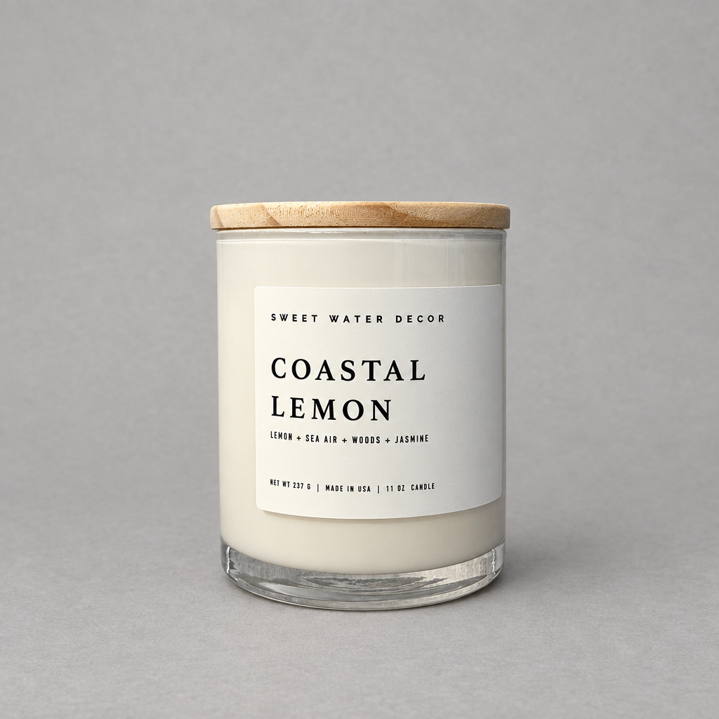 Impish Greetings Coastal Lemon soy candle in a glass jar with a wooden lid against a grey background.