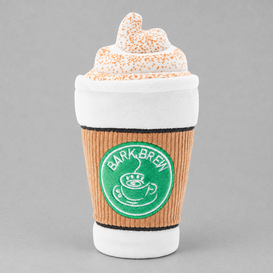 Impish Greetings Cup of Bark Roast plush dog toy featuring a coffee cup design with whipped cream and a squeaker.