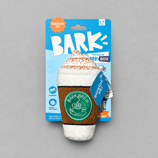 Impish Greetings Cup of Bark Roast plush dog toy shaped like a coffee cup with whipped cream and a squeaker.