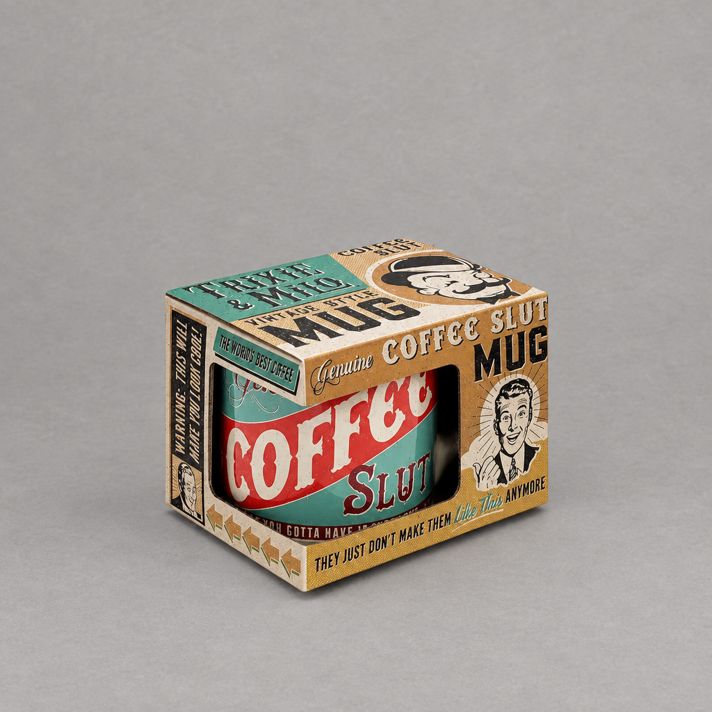 Impish Greetings Genuine Coffee Slut 12 oz porcelain mug in vintage-style packaging with retro graphic design.