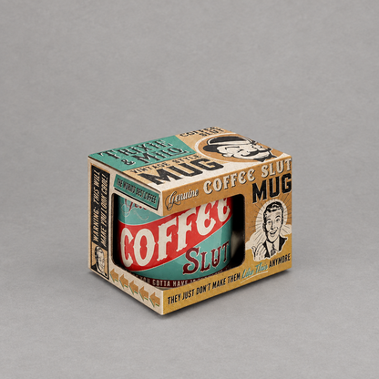 Impish Greetings Genuine Coffee Slut 12 oz porcelain mug in vintage-style packaging with retro graphic design.