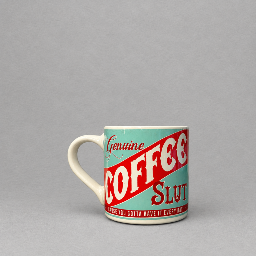 Impish Greetings 12 oz porcelain mug with a vintage-style red and teal Genuine Coffee Slut graphic design