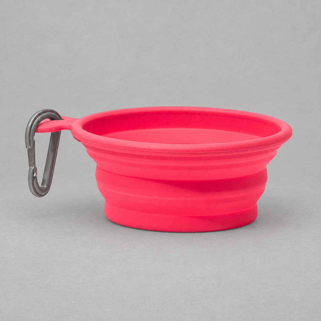 Impish Greetings Messy Mutts collapsible pink silicone pet bowl with attached carabiner for travel