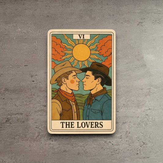 The Lovers tarot sticker featuring two cowboys in a matte vinyl finish on a wood background.