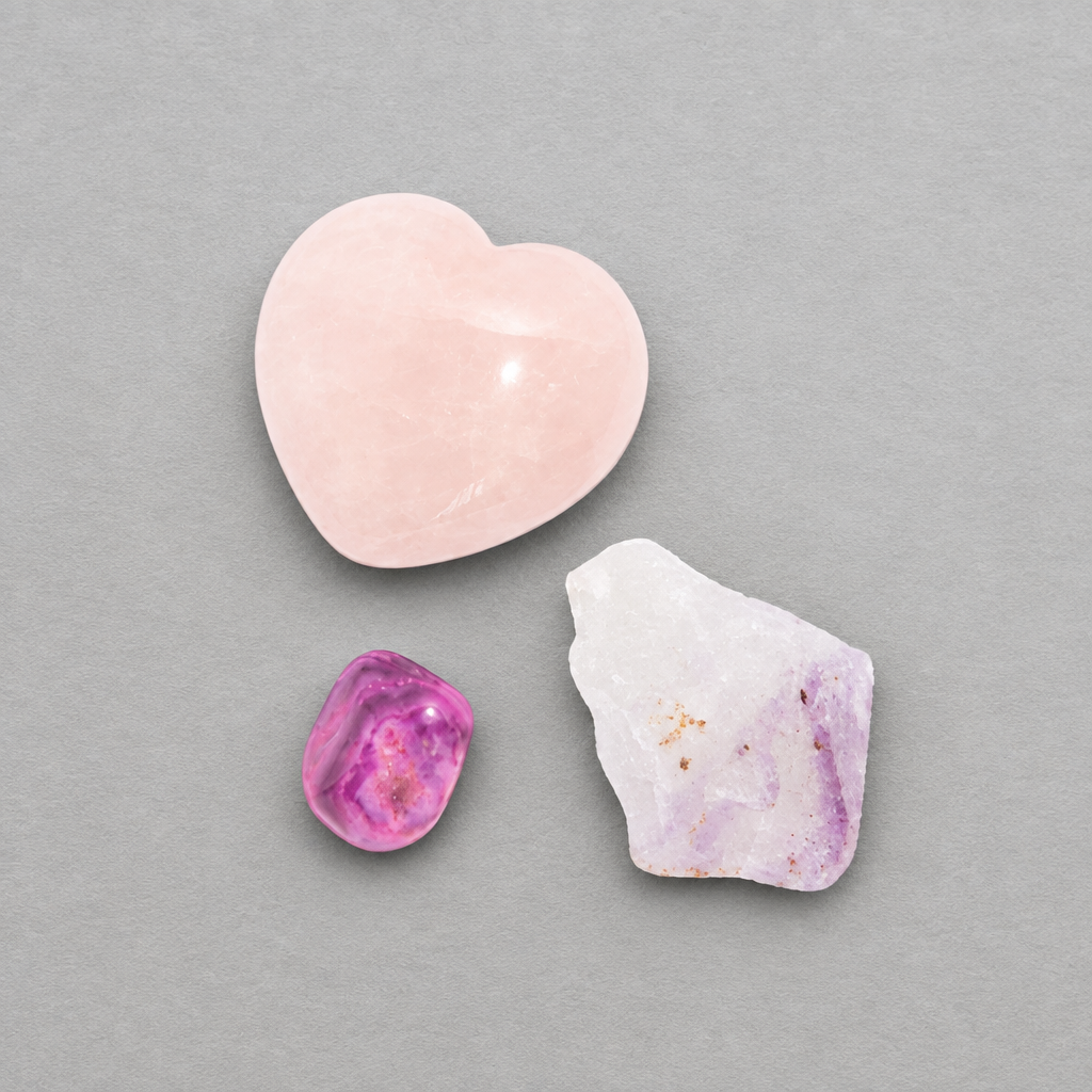 Impish Greetings LOVE + HAPPINESS crystal set featuring a heart-shaped rose quartz, amethyst point, and polished agate.