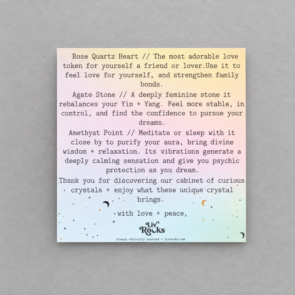 Impish Greetings crystal gift set meanings card with pastel gradient background and celestial star and moon icons.