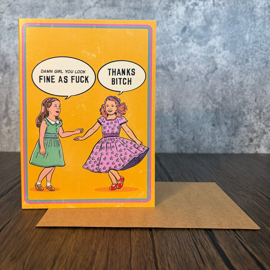 Damn Girl greeting card featuring vintage-style illustration of two girls with speech bubbles.