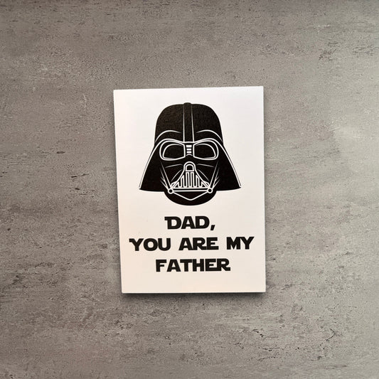 Impish Greetings Dad You're My Father card featuring a black Darth Vader illustration on white recycled cardstock