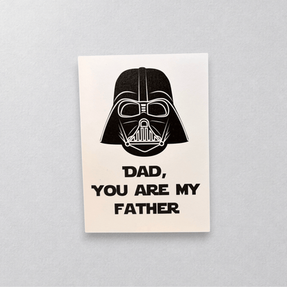Impish Greetings Dad You're My Father card featuring a black Darth Vader illustration on white recycled cardstock