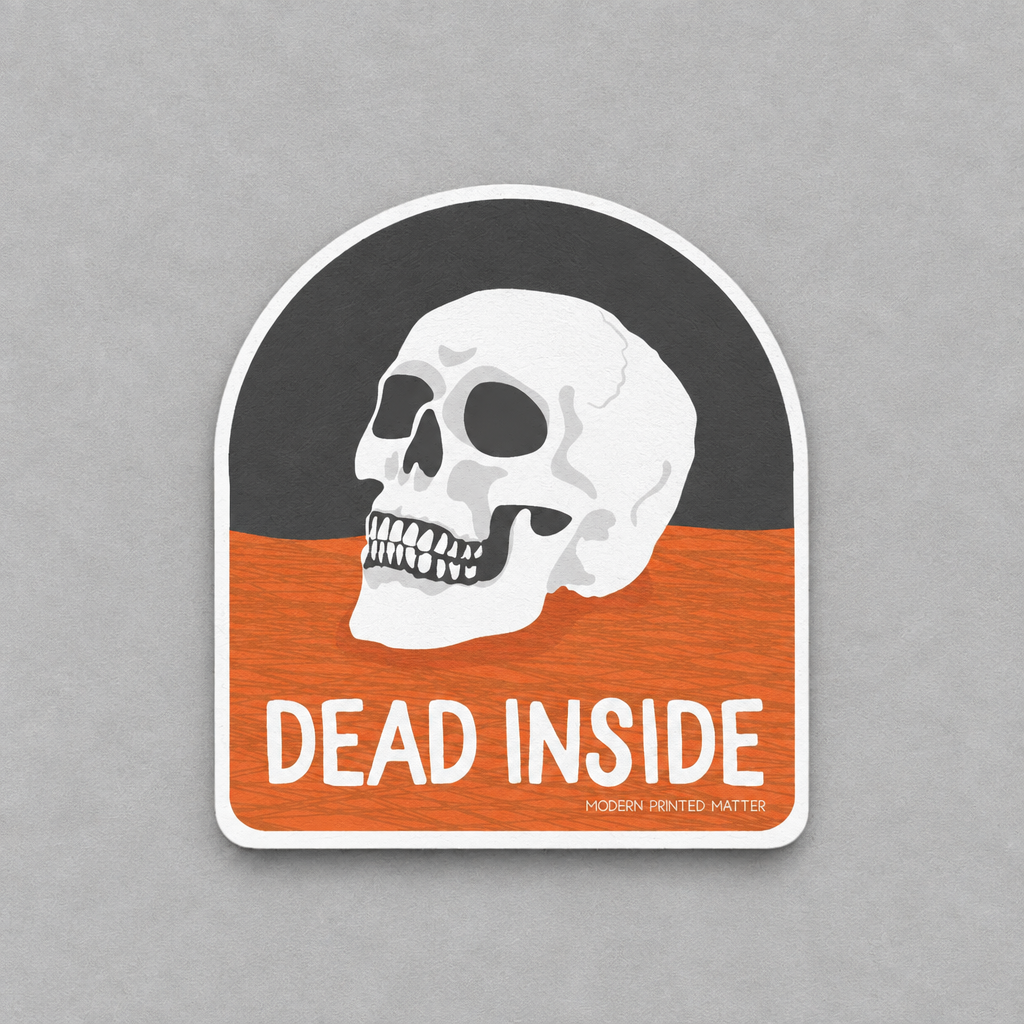 Impish Greetings Dead Inside sticker featuring a white skull on a black and orange background with glossy finish.