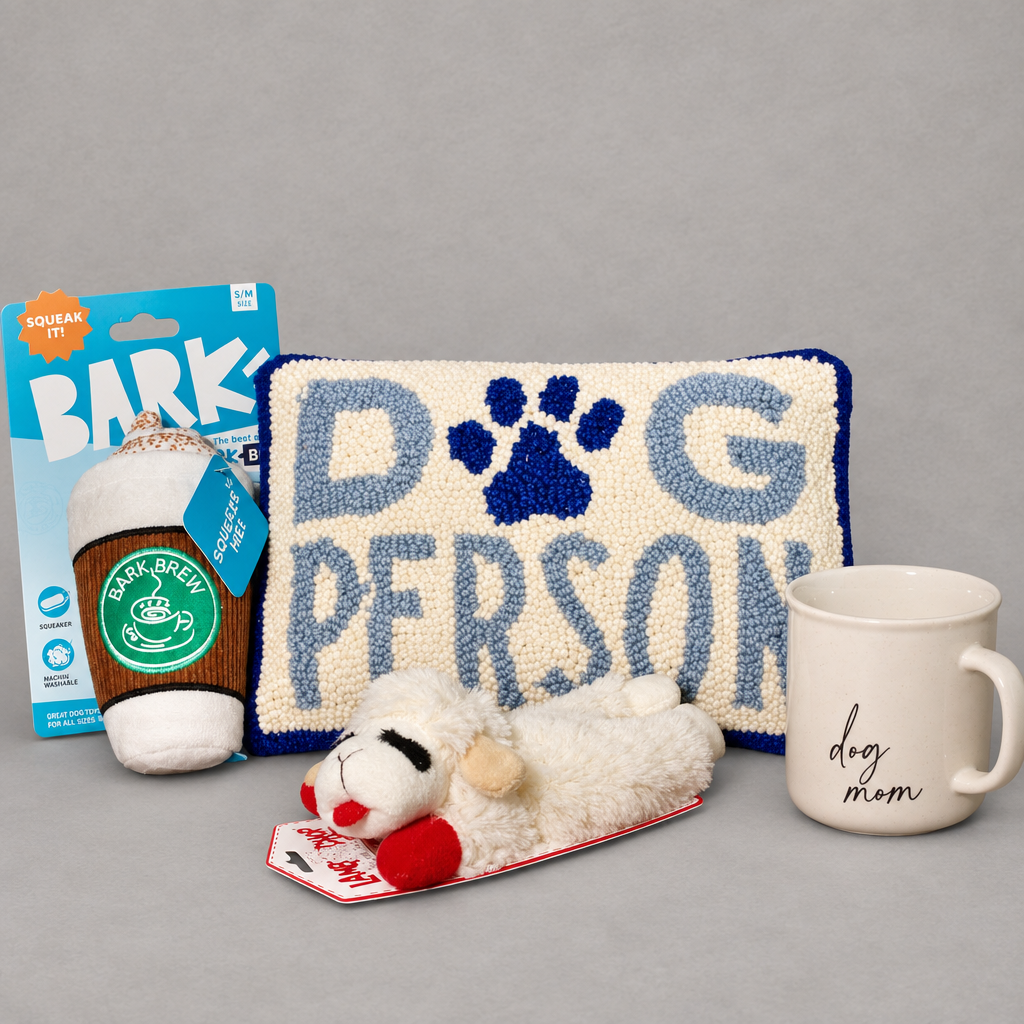 Impish Greetings Dog Mom Bundle featuring a Bark Brew coffee toy, Dog Person pillow, Lamb Chop toy, and dog mom mug.