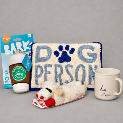 Impish Greetings Dog Mom Bundle featuring a Bark Brew coffee toy, Dog Person pillow, Lamb Chop toy, and dog mom mug.