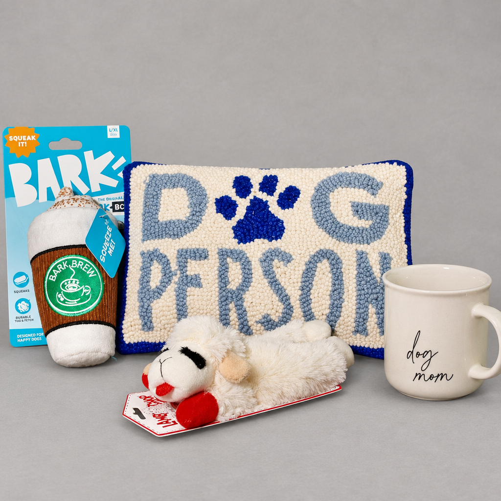 Impish Greetings Dog Mom Bundle featuring a Dog Person punch needle pillow, dog mom mug, and two plush dog toys.