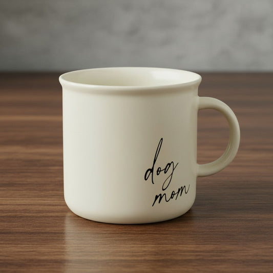 11 oz cream ceramic campfire coffee mug with black cursive dog mom text on a wooden table