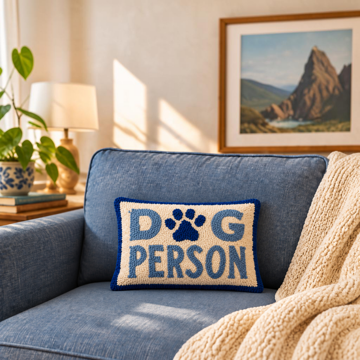 Impish Greetings Dog Person hook pillow with blue and cream wool text and paw print on a blue armchair