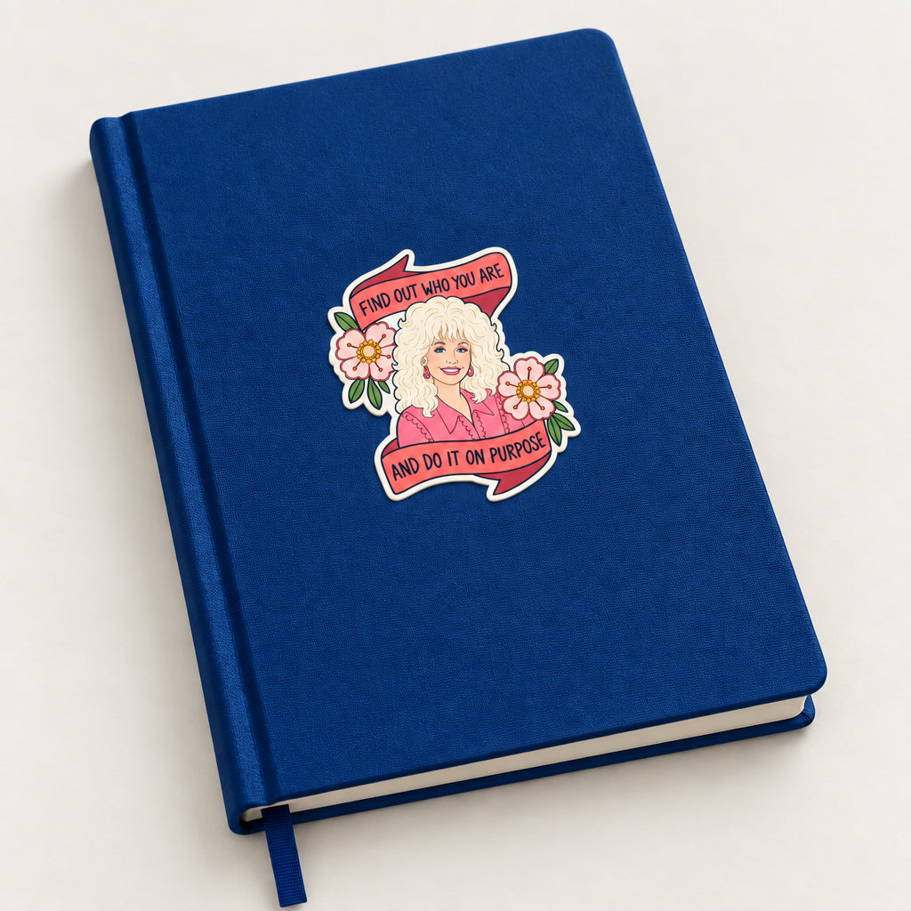 Impish Greetings Dolly Parton tribute sticker with retro pink flowers and quote on coral-red banners