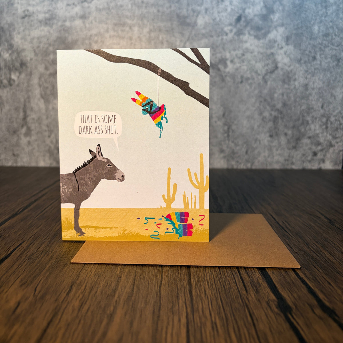 Impish Greetings donkey pinata birthday card with a funny illustration and recycled brown kraft envelope