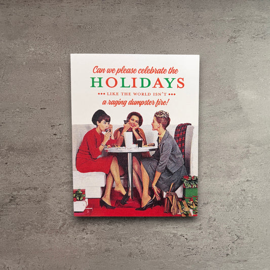 Dumpster Fire Christmas card with retro artwork and a red envelope