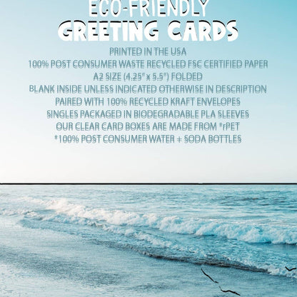 Impish Greetings eco-friendly birthday card information text over a scenic ocean wave background