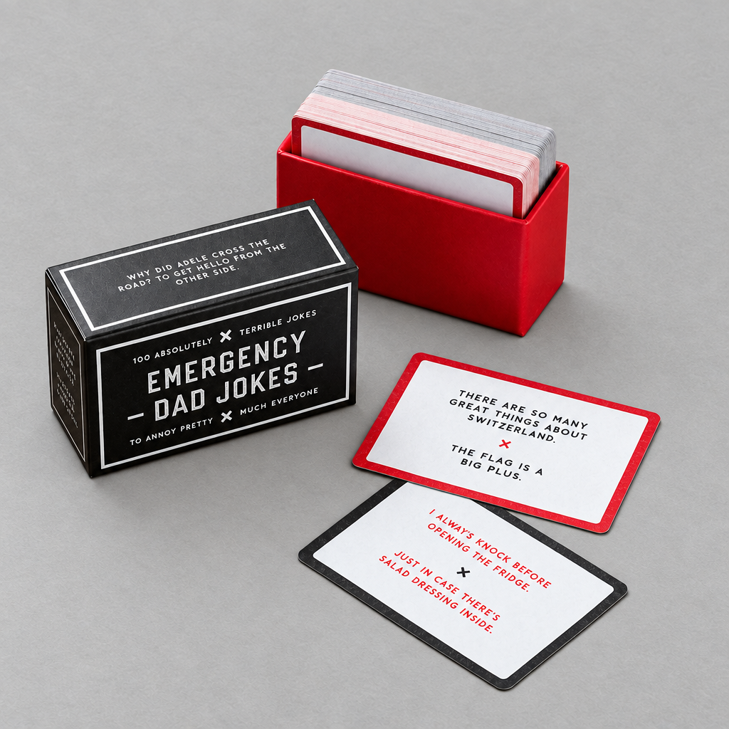 Impish Greetings Emergency Dad Jokes card set with black box, red tray, and white joke cards on a grey background.
