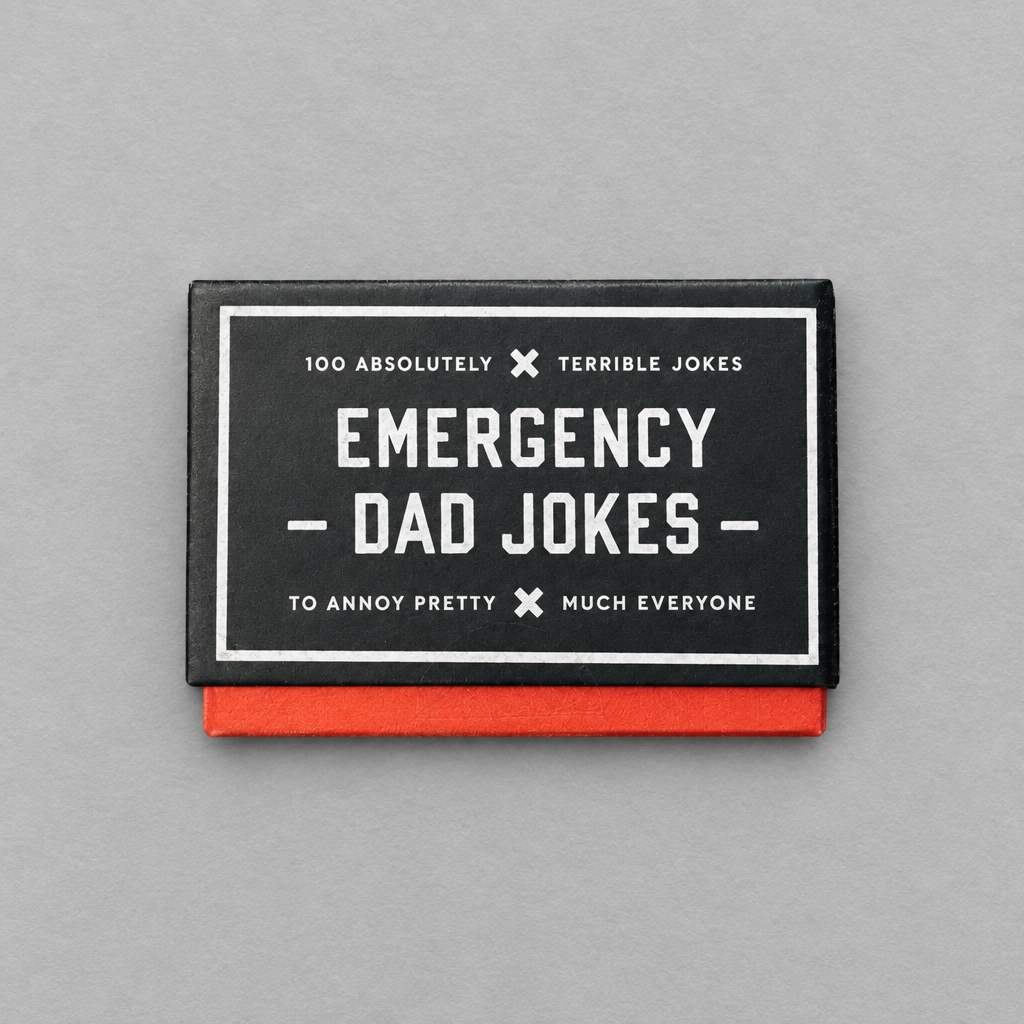 Impish Greetings Emergency Dad Jokes card set in a black and red box with white typography on a grey background