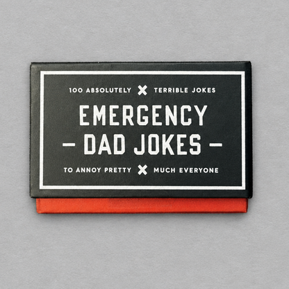 Impish Greetings Emergency Dad Jokes card set in a black and red box with white typography on a grey background