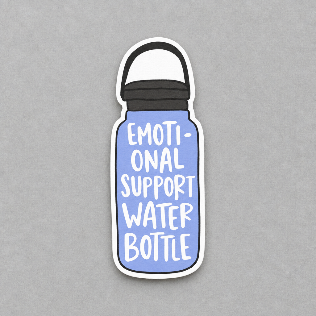 Impish Greetings glossy vinyl sticker featuring a blue water bottle with the text Emotional Support Water Bottle