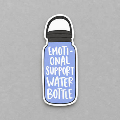 Impish Greetings glossy vinyl sticker featuring a blue water bottle with the text Emotional Support Water Bottle