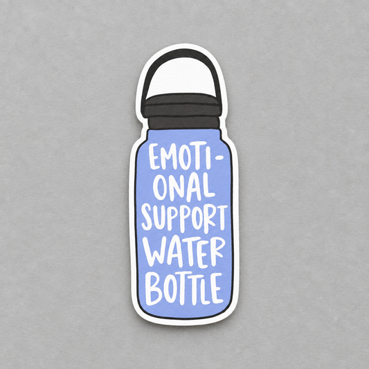 Impish Greetings glossy vinyl sticker featuring a blue water bottle with the text Emotional Support Water Bottle