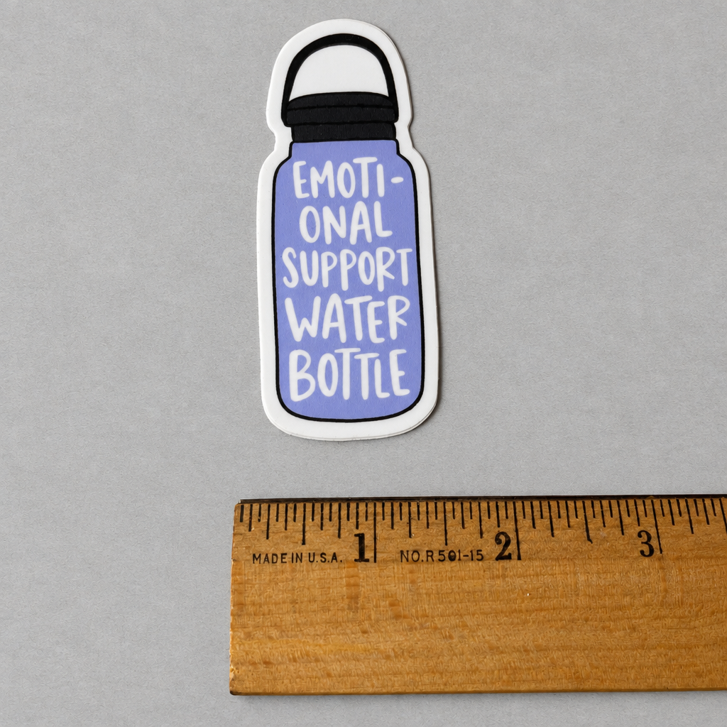 Impish Greetings glossy vinyl sticker shaped like a light blue water bottle with Emotional Support Water Bottle text