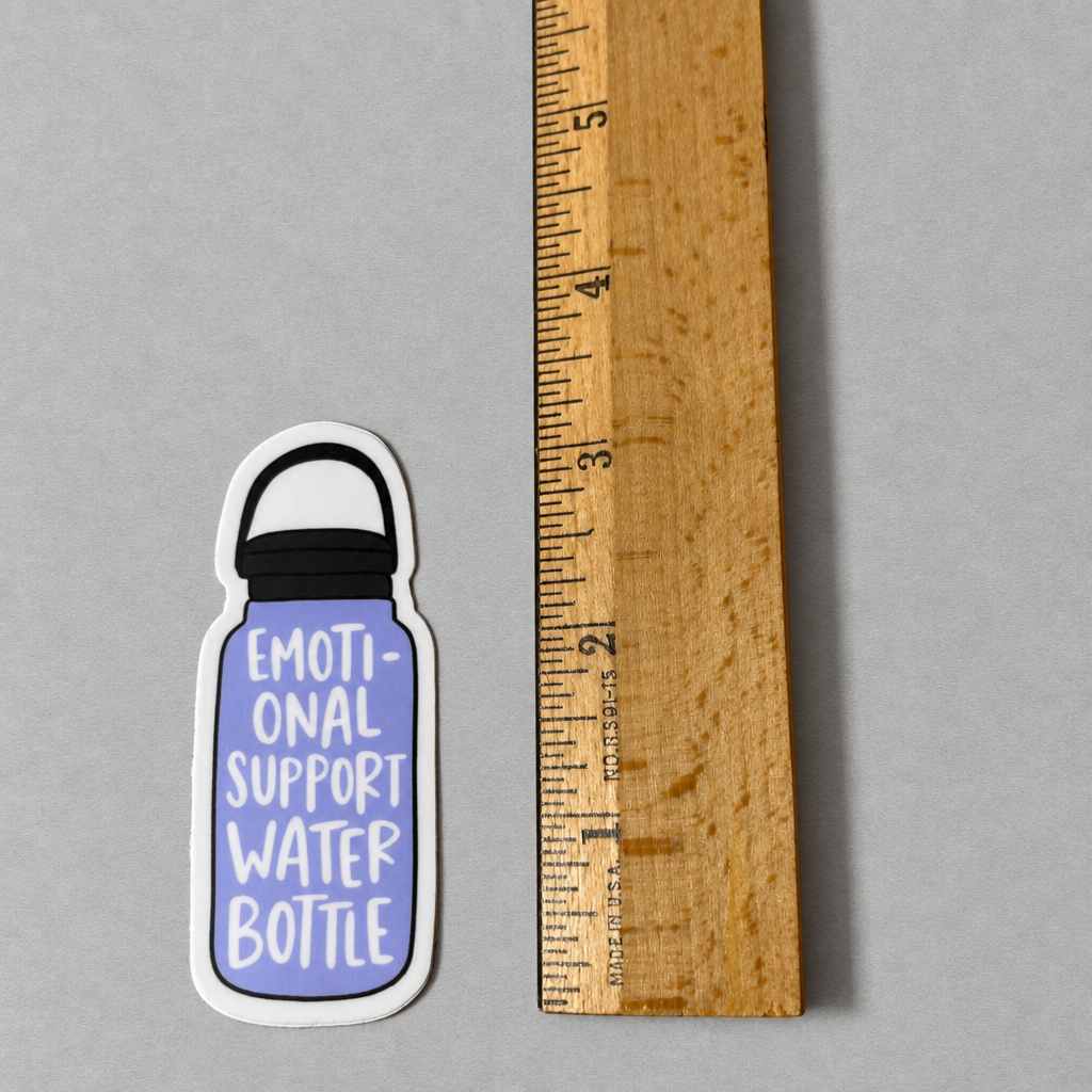 Impish Greetings glossy vinyl sticker featuring a purple water bottle with the text Emotional Support Water Bottle