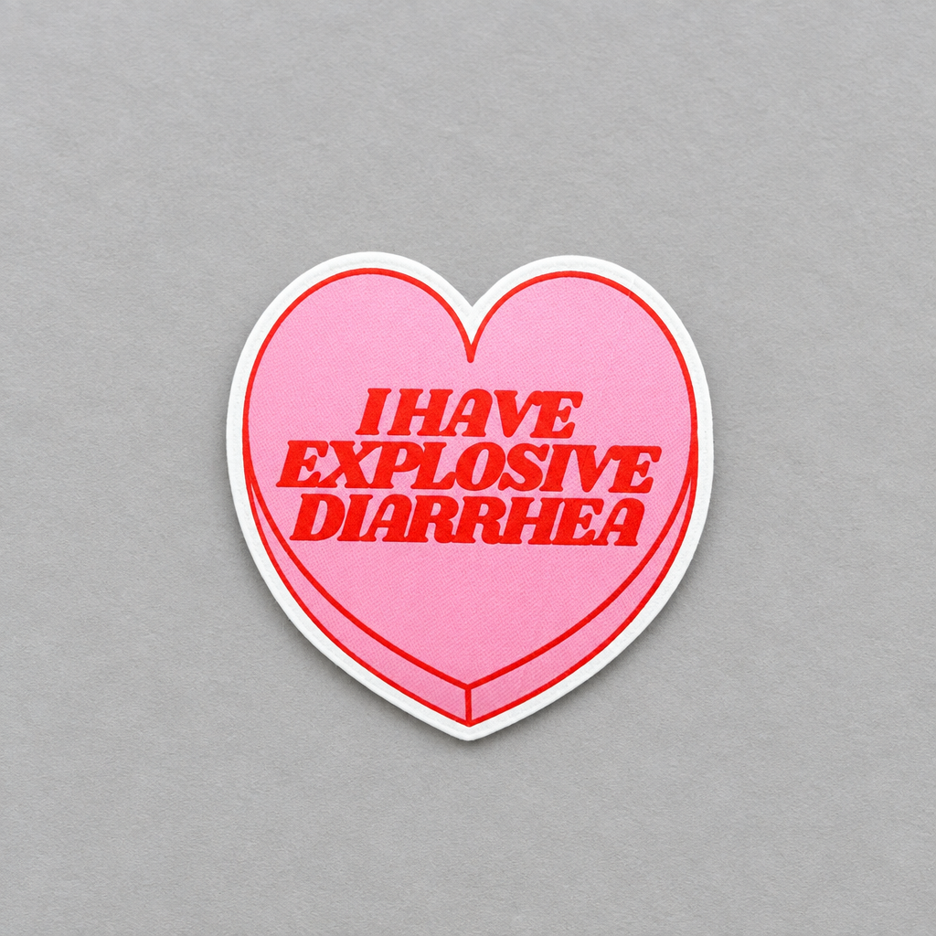Impish Greetings heart-shaped pink vinyl sticker with red text reading I HAVE EXPLOSIVE DIARRHEA