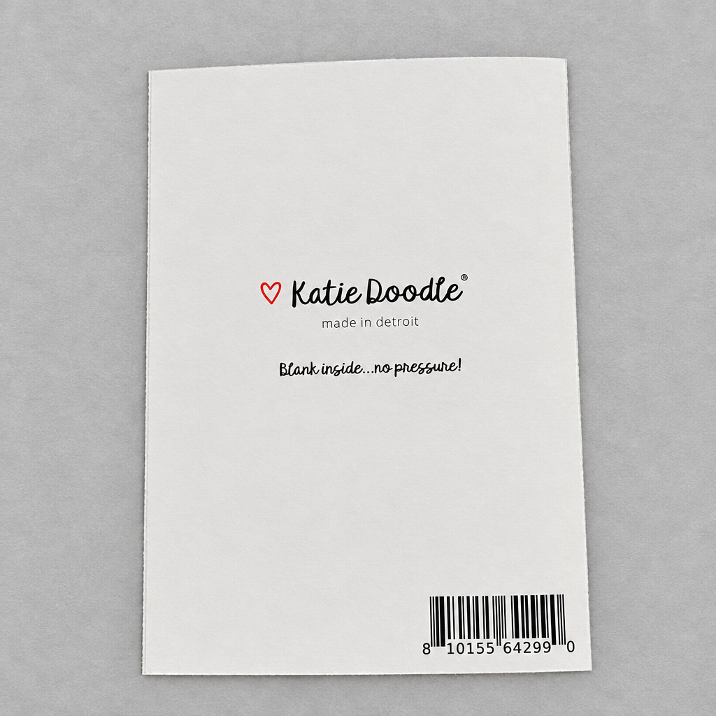 Back of Impish Greetings Father's Day card featuring Katie Doodle logo and barcode on white heavyweight cardstock