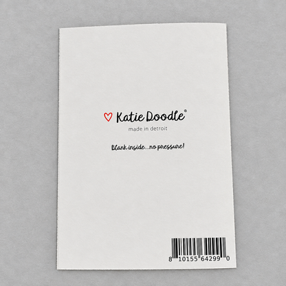 Back of Impish Greetings Father's Day card featuring Katie Doodle logo and barcode on white heavyweight cardstock